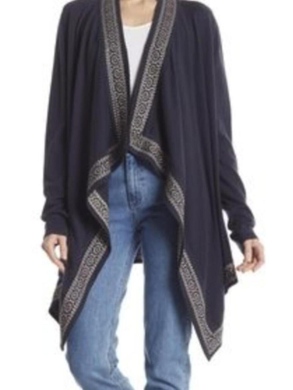 Johnny Was Oversized Navy Blue Open Front Cardigan with Embroidered Trim - XS